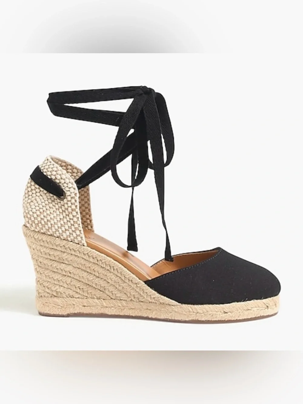 J.Crew Black/Tan Canvas Ankle-Wrap Espadrille Wedges Sz 9.5 round toe
